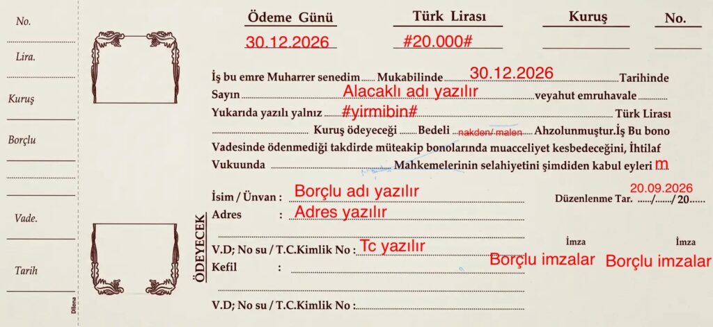 Doldurulmuş senet örneği